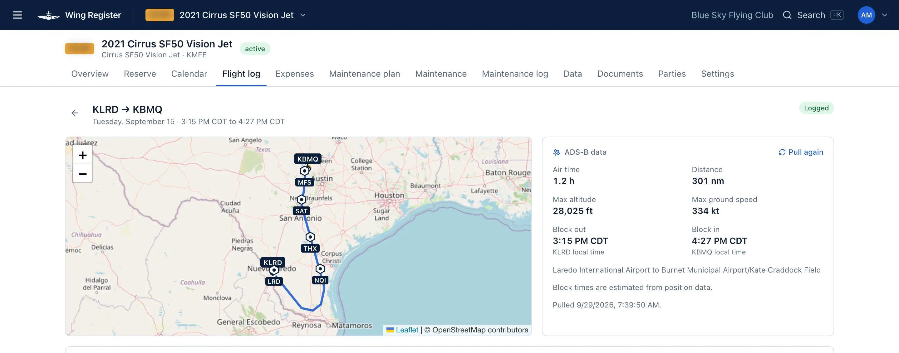 A logged flight with its ADS-B track on a map
