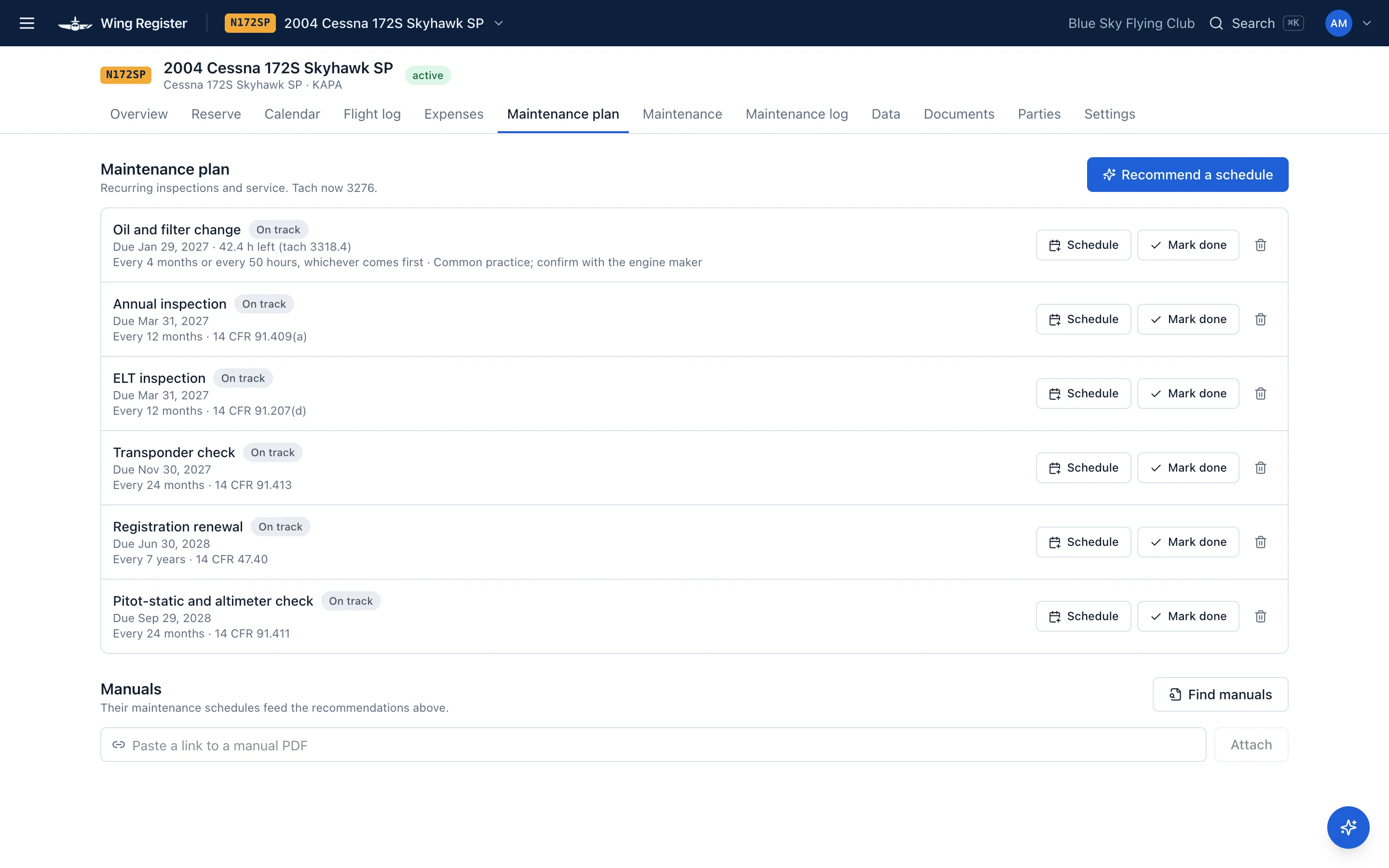 A maintenance plan of recurring items with next due dates