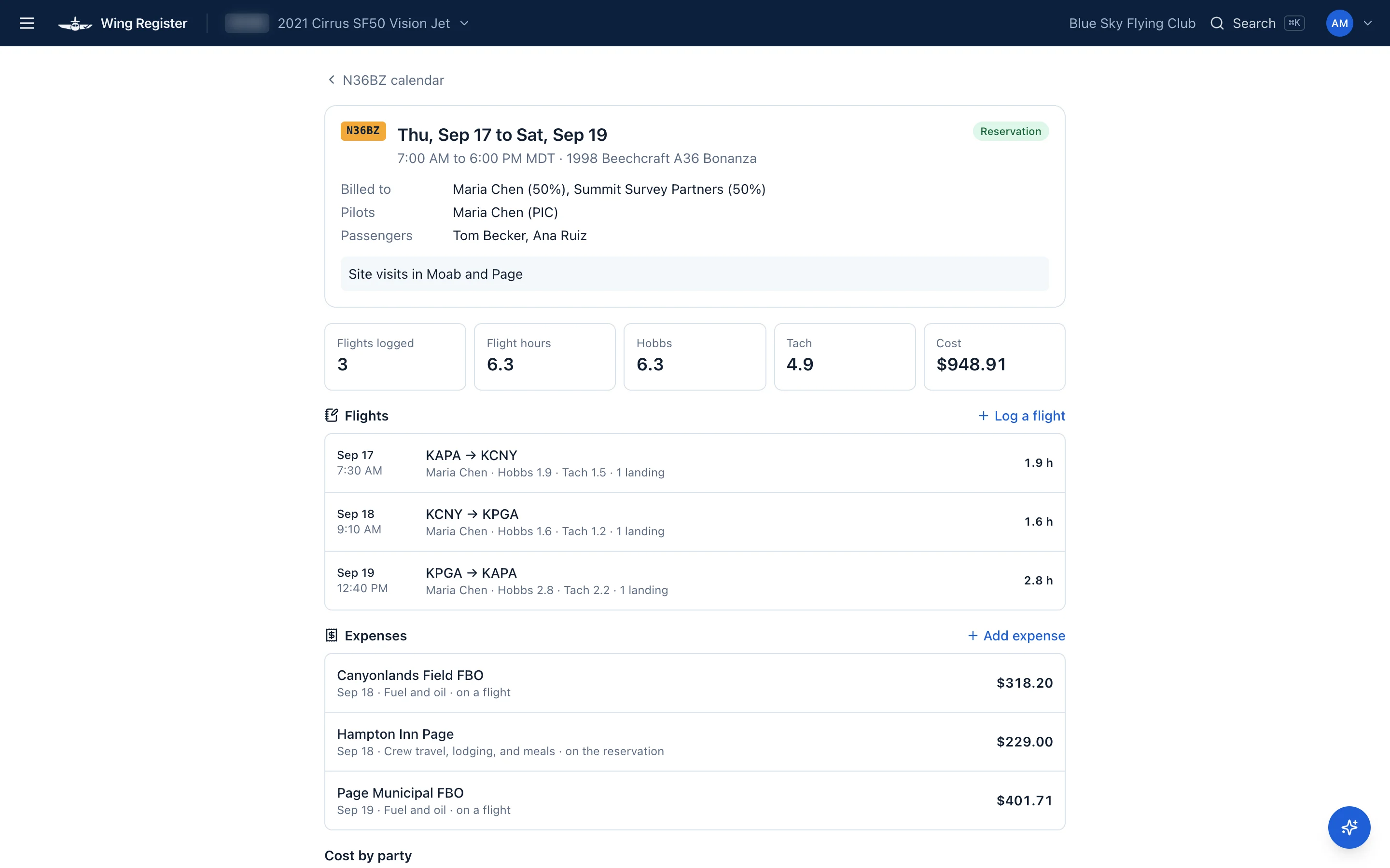 A three-day trip with its legs, expenses, and cost split